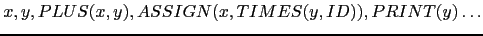 $ x, y, PLUS(x, y), ASSIGN(x, TIMES(y,ID)), PRINT(y) \ldots$